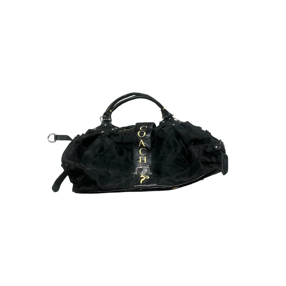 Coach Black Signature Jacquard Leather Satchel Shoulder Bag Turnlock Pleated